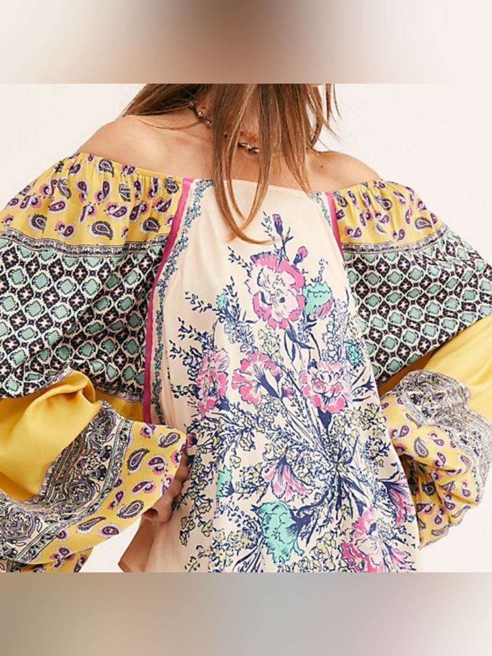Free People Positano Printed Blouse Sz XS Peach Floral Off Shoulder Boho Y2K - Picture 2 of 15